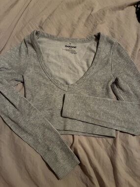 Garage Light Grey Ribbed V-Neck Long Sleeve Crop Top